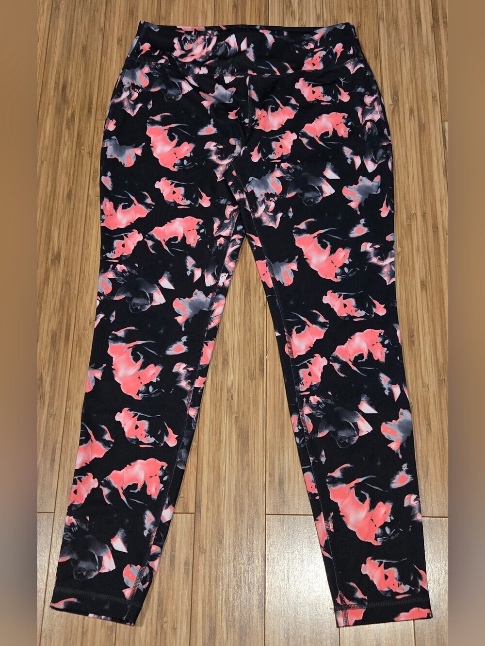 Danskin Now Black Leggings with Coral & Gray Abstract Floral Print